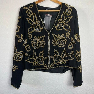 NWT Indigo Moon Floral Beaded Black and Gold Cropped Jacket Size XL